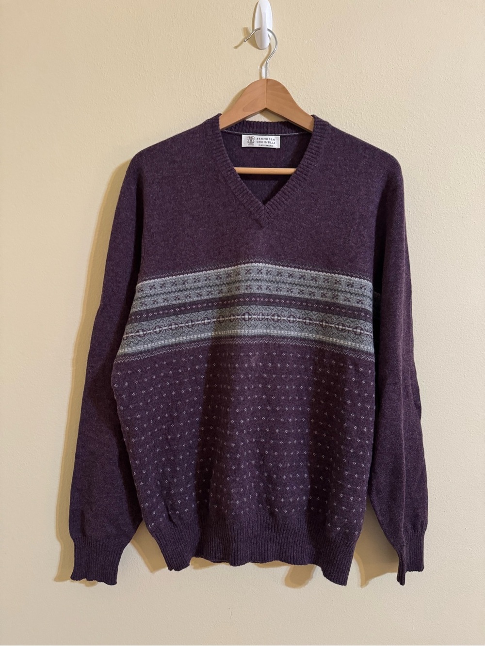 Brunello Cucinelli Cashmere V Neck Sweater Fair Isle Purple 54